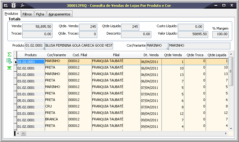 300012 Consulta de Vendas de Loja por Produto e Cor Esta consulta de Vendas tem a finalidade de avaliar a desempenho dos produtos em um período específico com base em indicadores de suma importância