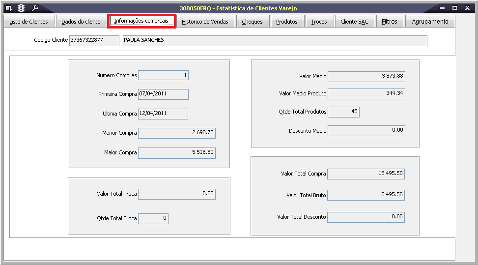 Para exibir as informações comerciais de um determinado cliente, basta selecioná-lo na aba Listas de Clientes e em seguida acessar a aba Informações Cormeciais.