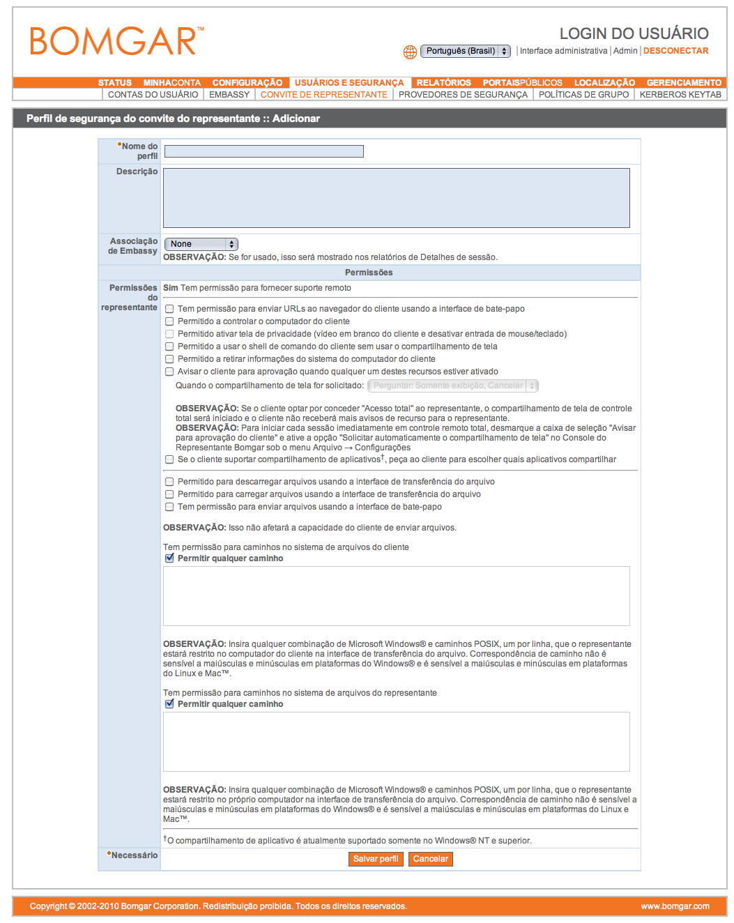 Convite para representante Com um convite de representante, um usuário privilegiado pode convidar um representante externo para participar de uma sessão apenas uma única vez.