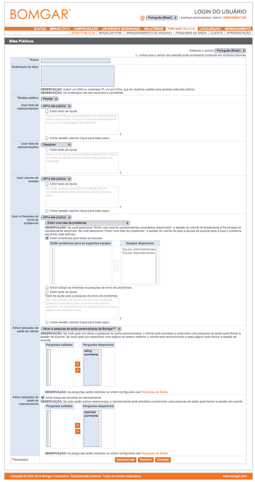 Sites Públicos Configure um ou mais locais públicos para sua Bomgar Box.