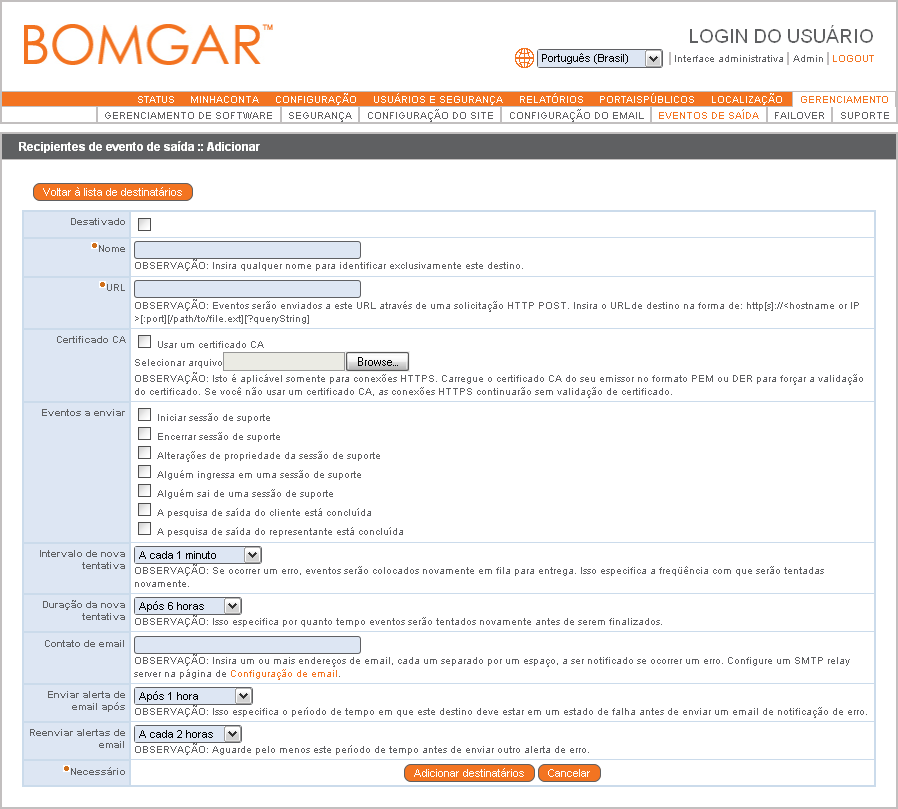 Eventos de saída Você pode configurar sua Bomgar Box para enviar mensagens a um servidor HTTP quando eventos diferentes forem disparados.