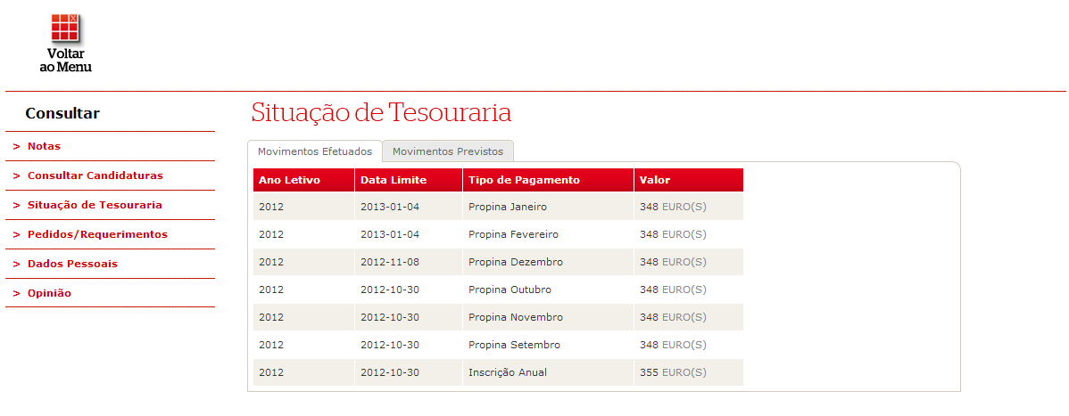 4 2.2 Inscrições Esta funcionalidade apresenta todas as inscrições ativas do estudante em unidades curriculares no semestre/ano curricular em causa. 2.3 Situação de tesouraria Esta funcionalidade