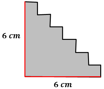 (a) Calcule o perímetro e a área da parte cinza na 1. (b) A 2 foi montada por Marcelo encaixando completamente três degraus (indicados com flechas) de uma das partes na outra parte.