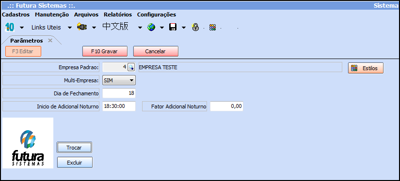Parâmetros - FP17 Sistema: Futura Ponto Caminho: Configurações>Parâmetros Referencia: FP17 Versão: 2015.5.4 Como funciona: Esta tela é utilizada para definir parâmetros que serão utilizados no sistema.
