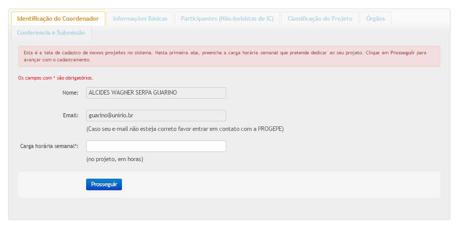 Situação do projeto Nº do processo O nome e e-mail são lidos do cadastro da PROGEPE.