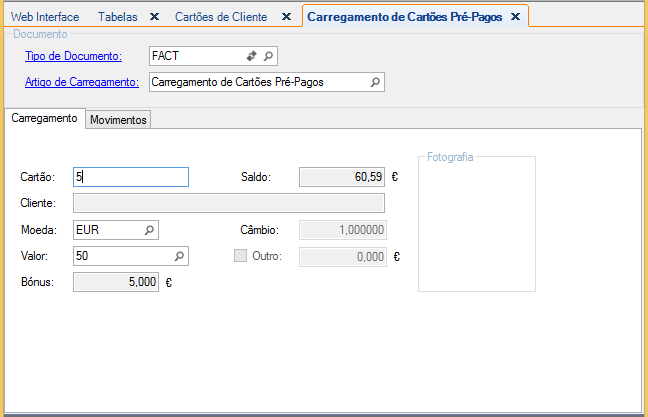 Carregamento do cartão de cliente (pré-pago) Backoffice O processo de carregamento de cartões pelo backoffice pode ser efetuado a partir da janela Cartões de Clientes que se encontra em Tabelas \