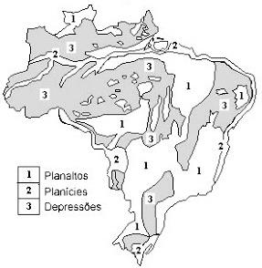 1. Pinte de laranja as terras ocupadas por planaltos. 2. Pinte de verde as terras ocupadas por planícies. 3. Pinte de roxo as terras ocupadas por depressões.