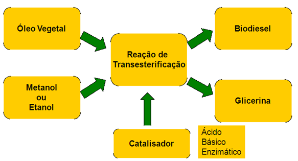 Figura 1. Esquema da reação de transesterificação pela via metílica ou etílica, utilizando como catalisador um ácido, uma base ou uma enzima, para produção de biodiesel. 3.