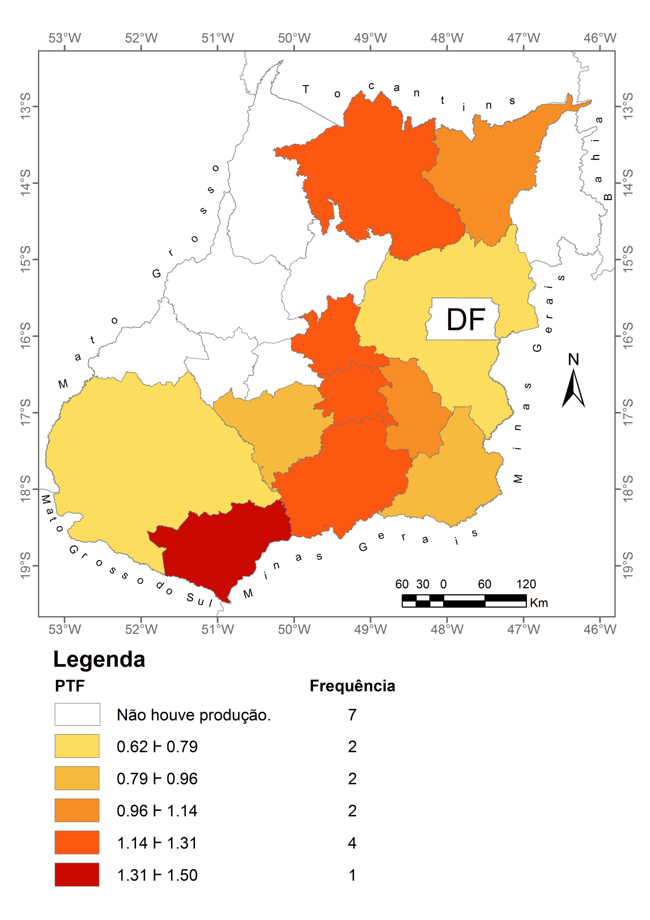 Figura 6 Mapa da Produtividade Total dos Fatores: microrregiões de Goiás