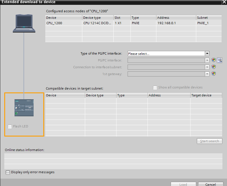 6.6 Carregar configuração do hardware no dispositivo Para carregar toda a sua CPU, selecione novamente a pasta "CPU_1200 [CPU1214C DC/DC/DC]" e clique no símbolo "Download to device" (Carregar no