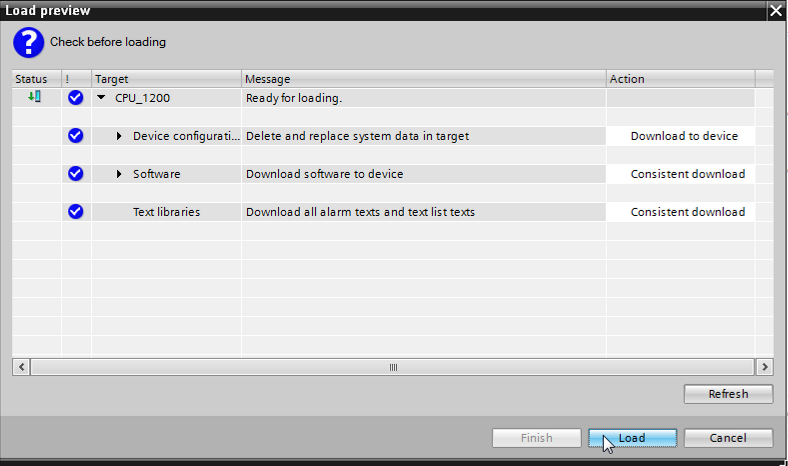 Se sua CPU for mostrada na lista "Compatible devices in target subnet" (Dispositivos compatíveis na sub-rede de destino), ela deve ser selecionada e o carregamento, iniciado.