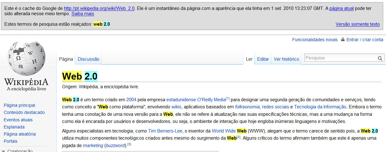 Ao lado do link aparecem as opções "Em cache" e "Similares".