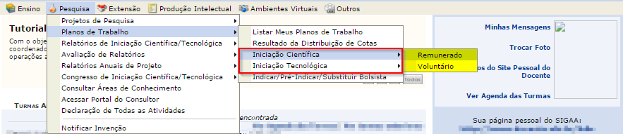 2- Cadastro de planos de trabalho para solicitar cotas de bolsa: Dando continuidade ao cadastro, o caminho para cadastro de planos de trabalho para solicitar cotas de bolsa de iniciação Científica