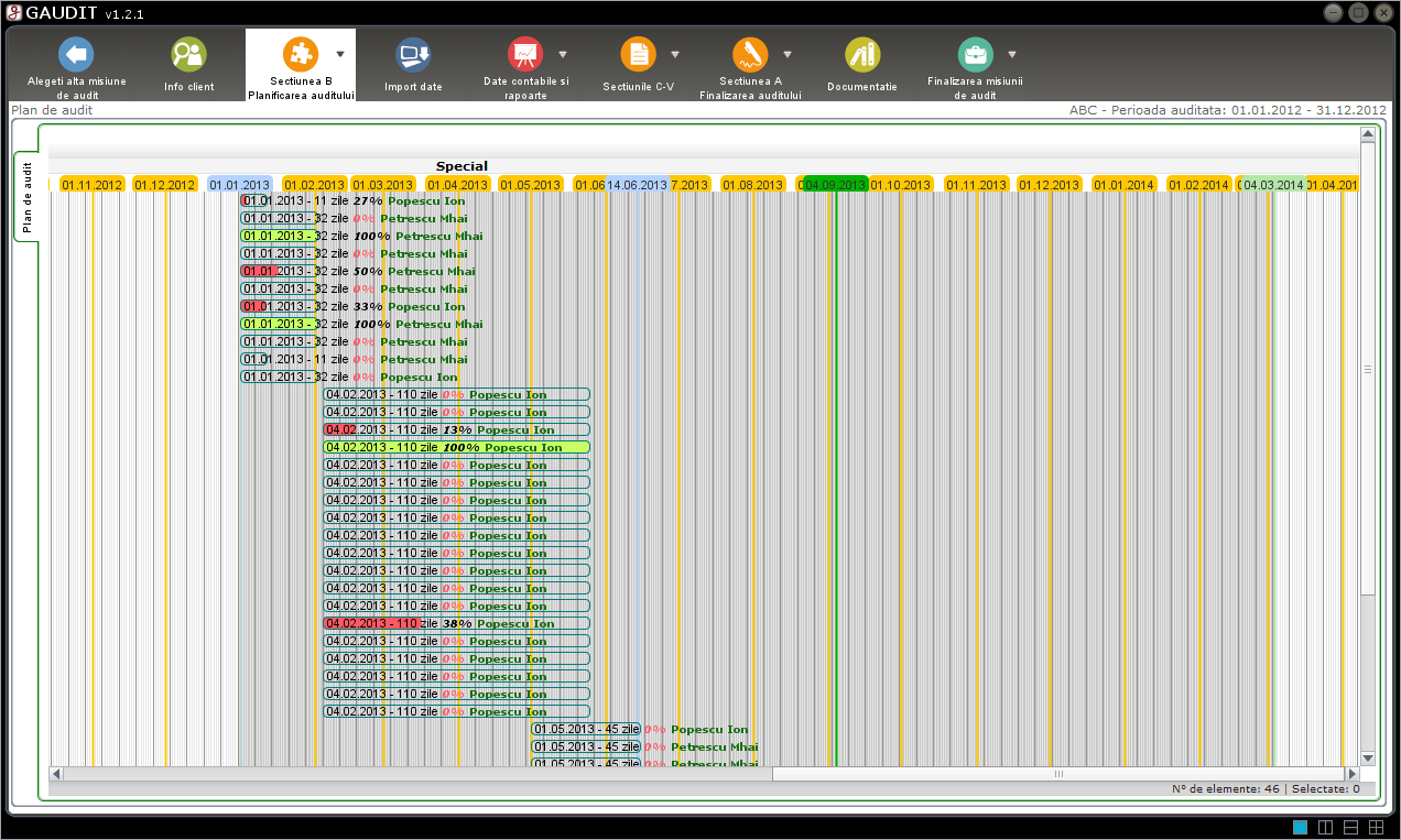 In albastru este prezentata data desfasurarii misiuneii de audit, data ce poate fi editata in Info Client: In verde deschis este prezentata ziua curenta care determina un fundal inchis intre data