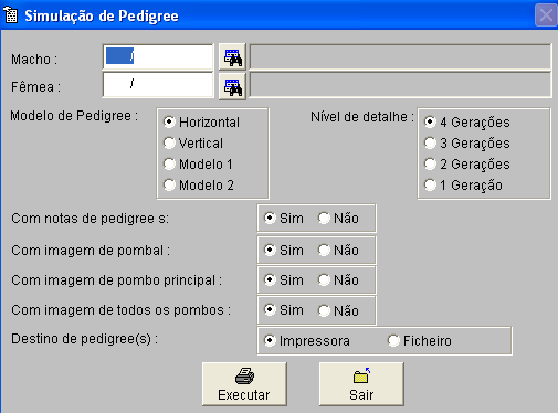 8 Emissão de Pedigrees Após ter seleccionado a opção Pedigree no menu Pombos é disponibilizado ao utilizador um écran através do qual se podem emitir os vários modelos de pedigree: Neste écran surgem