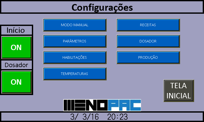 3. OPÇÕES DE TELA Pressionando o botão de configurações na tela principal (representado pela chave) uma senha será requerida para conceder acesso à tela de configuração da máquina.