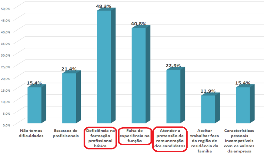 DIFICULDADES ENCONTRADAS NA CONTRATAÇÃO DE PROFISSIONAIS A deficiência na formação profissional básica do candidato, a falta de experiência na