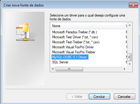 Windows 64 Bits: c:\windows\syswow64\odbcad32.exe Pressione o botão OK.