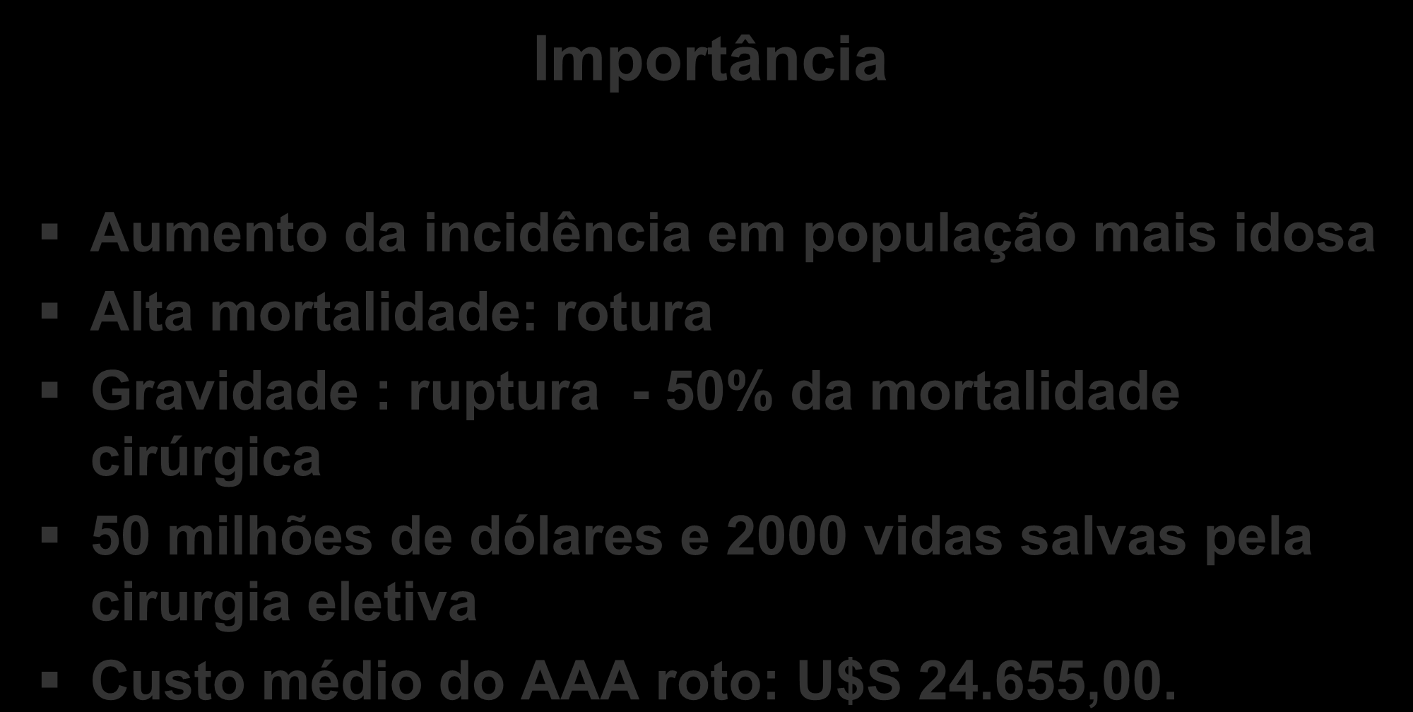 Importância Aumento da incidência em população mais idosa Alta mortalidade: rotura Gravidade : ruptura - 50% da