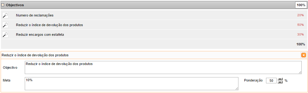 Figura 20 - Detalhe do objectivo Cada objectivo contém: Descrição (e.g.: Reduzir encargos com estafeta); Meta (e.g.: Diminuir 100 viagens); Ponderação (e.g.: 50%).