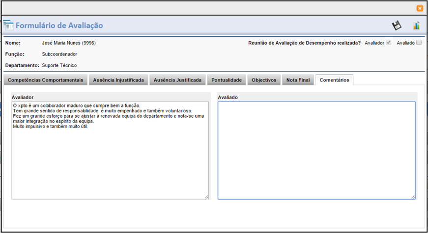 Nota final; Comentários da chefia. Após verificar cuidadosamente a avaliação o colaborador deve efectuar comentários à avaliação.
