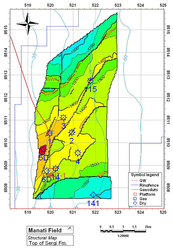 Figura 2 Mapa estrutural da Formação Sergi Para estimar os fatores de recuperação para aqueles volumes in situ, a QGEP apresentou estudos de reservatório atualizados que correspondem ao histórico de