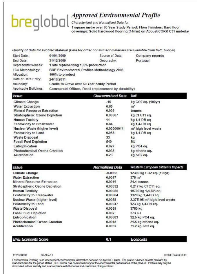 BRE underlay cortiça Caso prático 25 Novembro 2011 Declarações Ambientais de Produto EPD