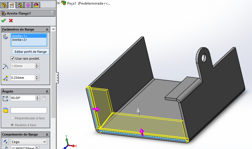 Recurso: Flange de aresta Este recurso adiciona flanges à aresta da chapa metálica 4) Neste recurso existe ainda a opção Editar perfil