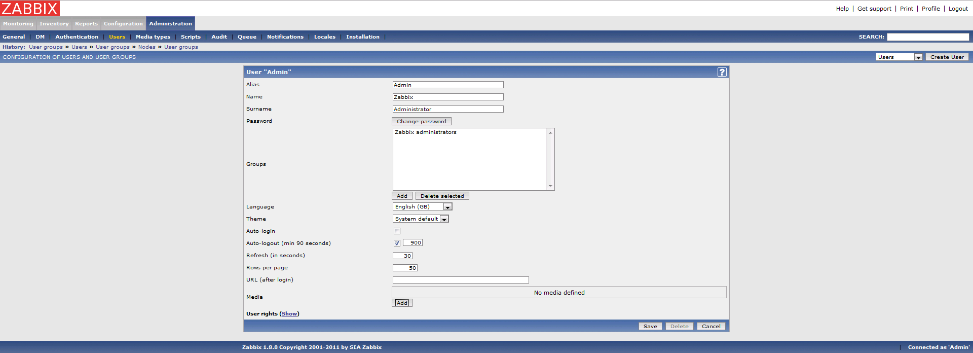 Em Media clique em Add: Preencha as informações: Type: Zabbix SendEmail Send to: email@destino.com.