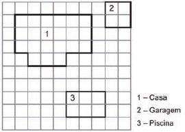 292 Nesse desenho, cada quadradinho corresponde a 10 metros quadrados. Qual é a área total a ser ocupada pela construção: casa, piscina e garagem? A) 210 metros quadrados. B) 250 metros quadrados.