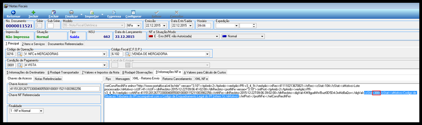 Figura 4 Situação da nota fiscal com o erro 694. 2.