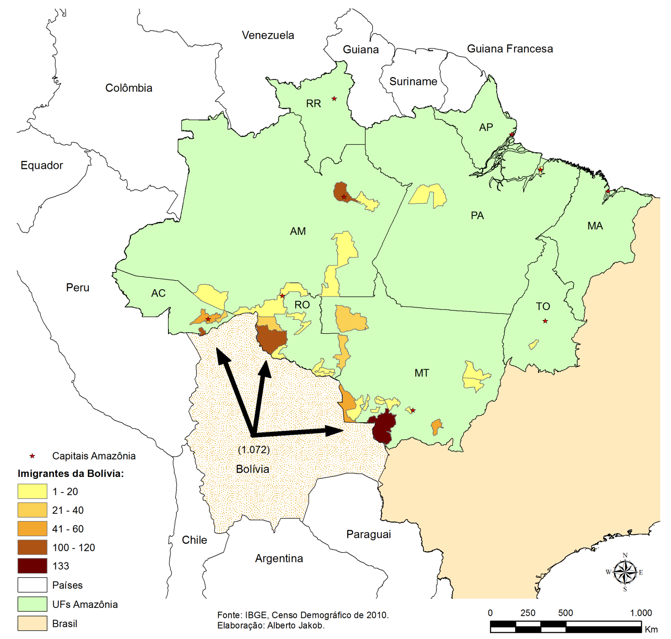Com relação aos migrantes do qüinqüênio 2005-2010 provenientes da Bolívia, o Mapa 4 deixa claro o grau de concentração destes em municípios próximos, em Rondônia, no Acre e no Mato Grosso, os três
