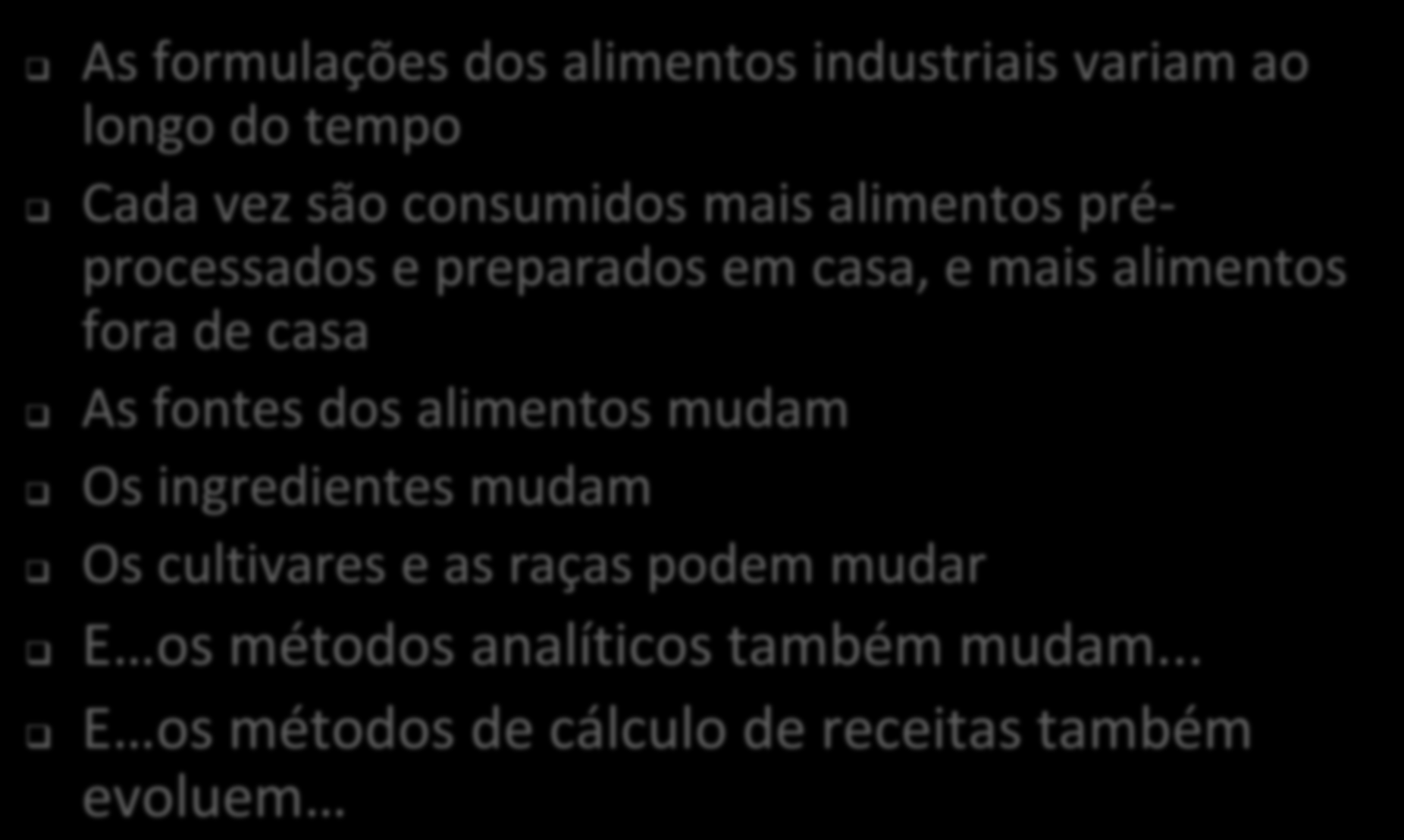 Alimentos Sistema Dinâmico As formulações dos alimentos industriais variam ao longo do tempo Cada vez são consumidos mais alimentos préprocessados e preparados em casa, e mais alimentos