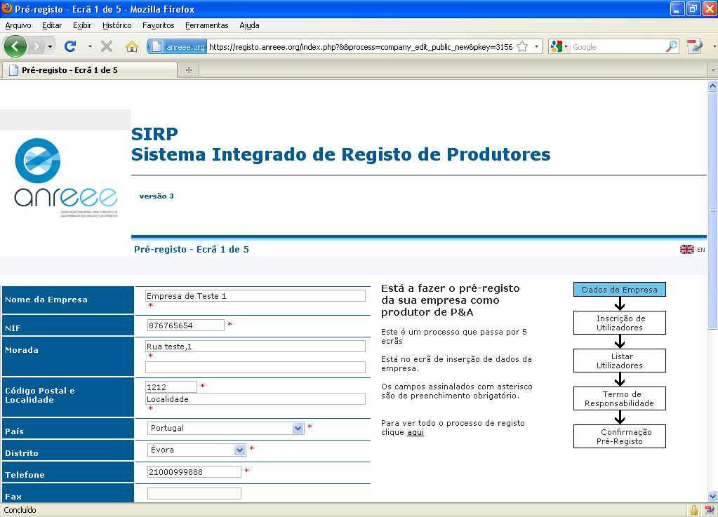 5.4. Ecrã 1 de 5 preenchimento de dados em falta Como a sua empresa já se encontra registada, o ecrã 1 de 5 já possui a maior parte dos campos preenchidos.