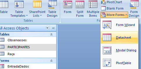 5. CRIAR UM FORMULÁRIO SIMPLES COM O ASSISTENTE DE FORMULÁRIOS 1. Selecione a tabela PARTICIPANTES, click no separador Create Form 2. O registo do primeiro participante estará logo disponível.