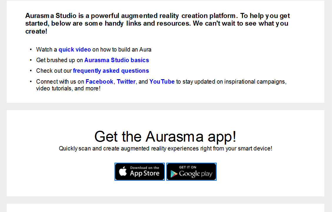 Na mesma mensagem do Aurasma Studio você verá links para coisas que vale a pena conferir.