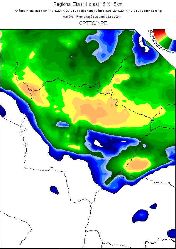 PREVISÃO DO TEMPO PARA O MATO GROSSO DO SUL De acordo com o modelo Regional Eta (11 dias) - (15 X 15km) com índices de pluviosidade acima de 04mm, a previsão numérica do tempo indica entre os dias 21