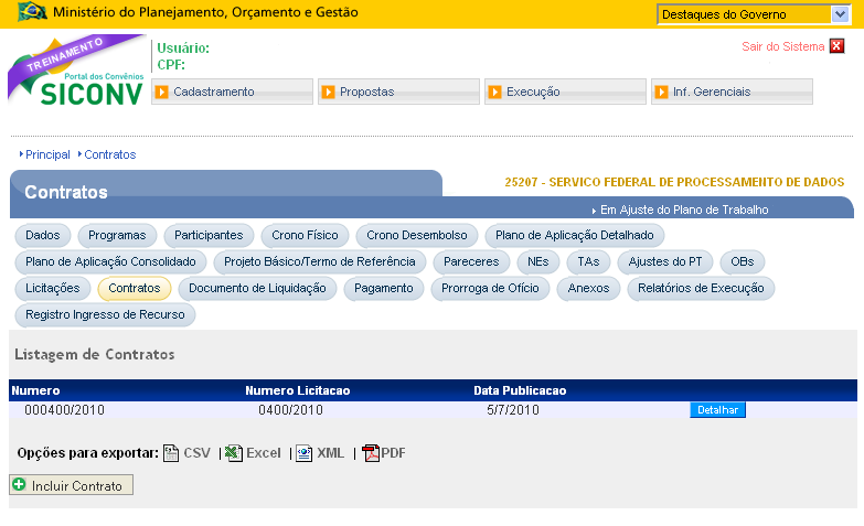 O sistema apresenta o número do convênio. Usuário deverá clicar no número do convênio. Ver Figura 18.