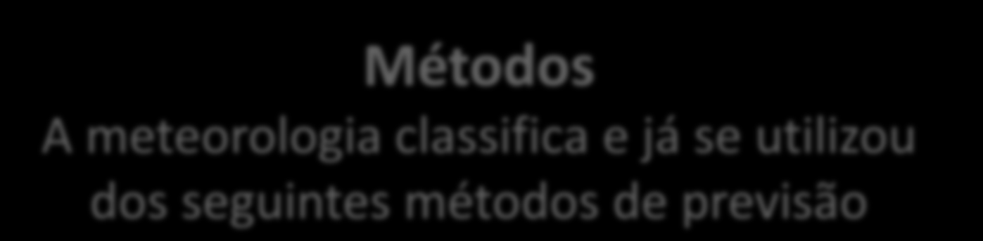 Métodos A meteorologia classifica e já se utilizou dos seguintes métodos de previsão Climatológico: O conhecimento acumulado por vários anos, dos eventos de tempo e de clima do passado, permite o