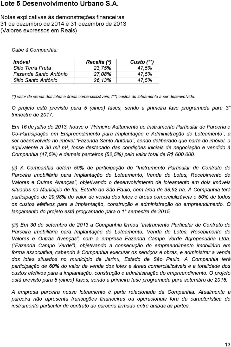 Em 16 de julho de 2013, houve o Primeiro Aditamento ao Instrumento Particular de Parceria e Co-Participação em Empreendimento para Implantação e Administração de Loteamento, a ser desenvolvido no