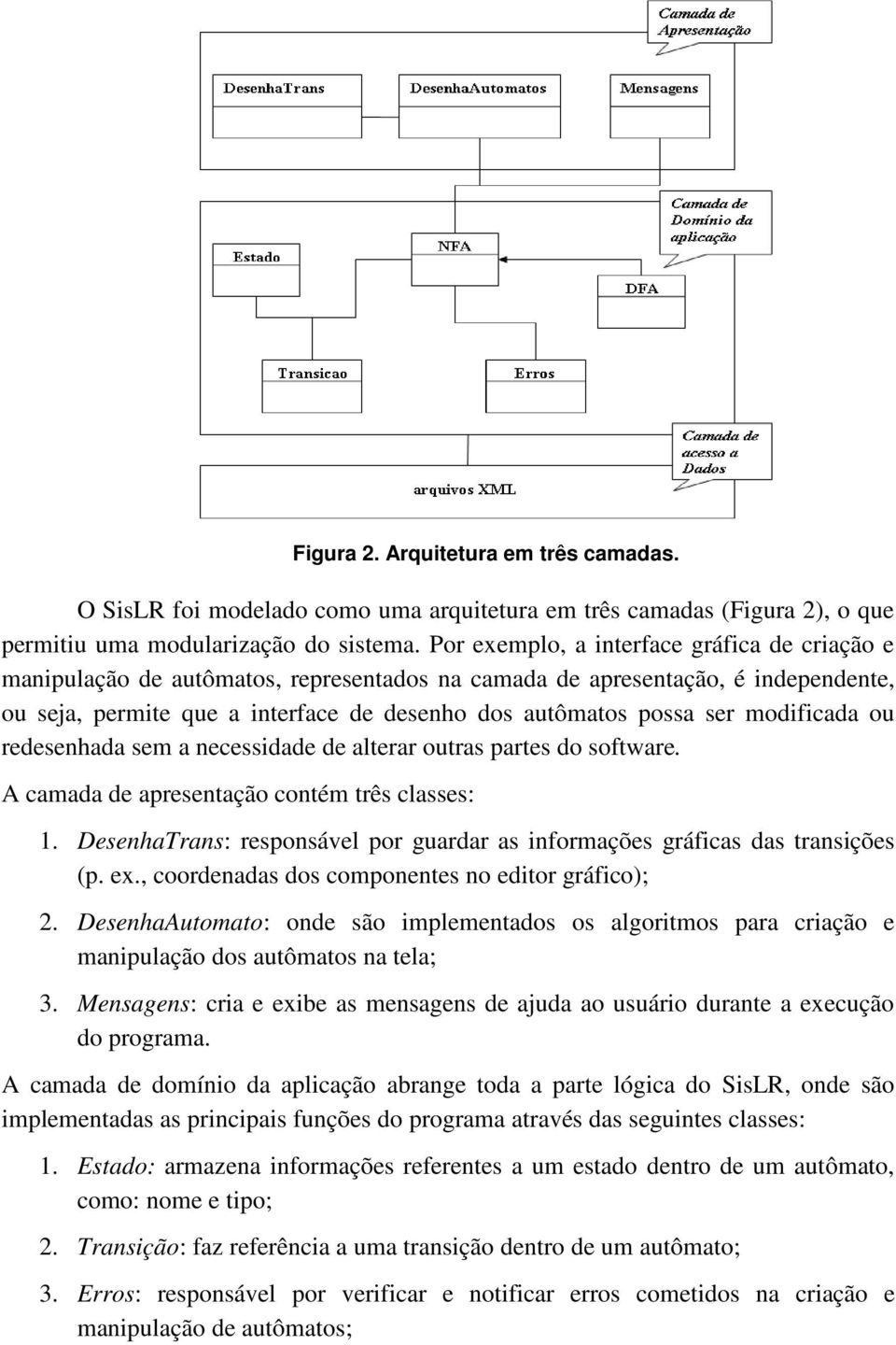 redesenhada sem a necessidade de alterar utras partes d sftware. A camada de apresentaçã cntém três classes: 1. DesenhaTrans: respnsável pr guardar as infrmações gráficas das transições (p. ex.