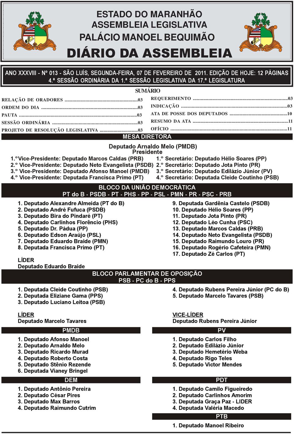 ..03 PROJETO DE RESOLUÇÃO LEGISLATIVA...03 SUMÁRIO MESA DIRETORA Deputado Arnaldo Melo (PMDB) Presidente 1. Vice-Presidente: Deputado Marcos Caldas (PRB) 1. Secretário: Deputado Hélio Soares (PP) 2.