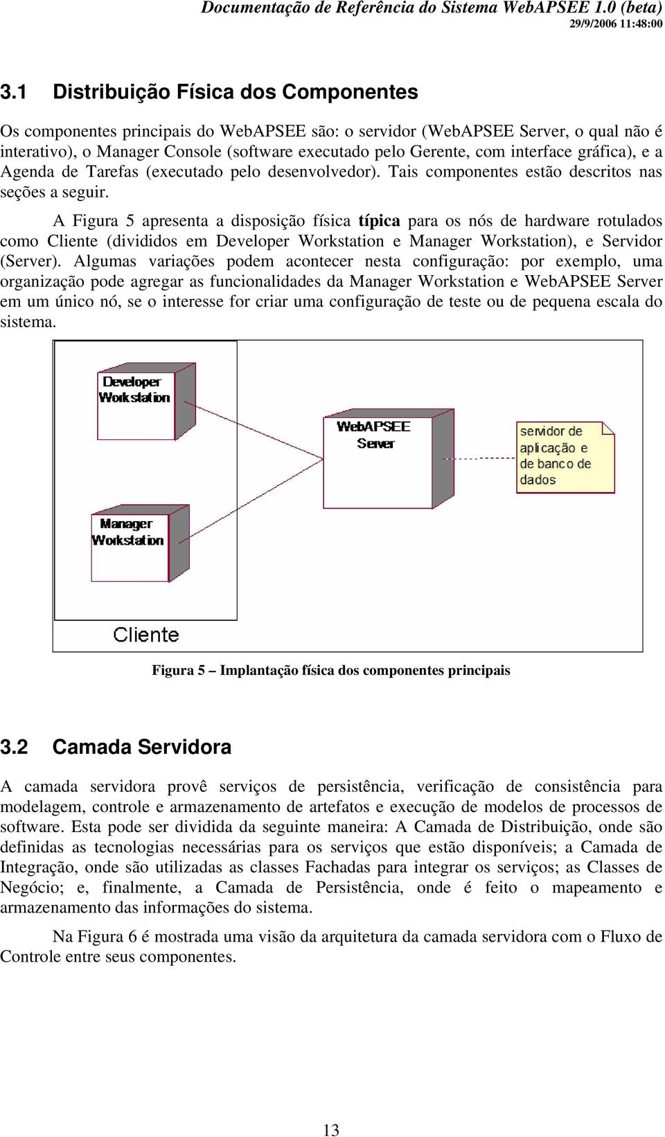 A Figura 5 apresenta a disposição física típica para os nós de hardware rotulados como Cliente (divididos em Developer Workstation e Manager Workstation), e Servidor (Server).