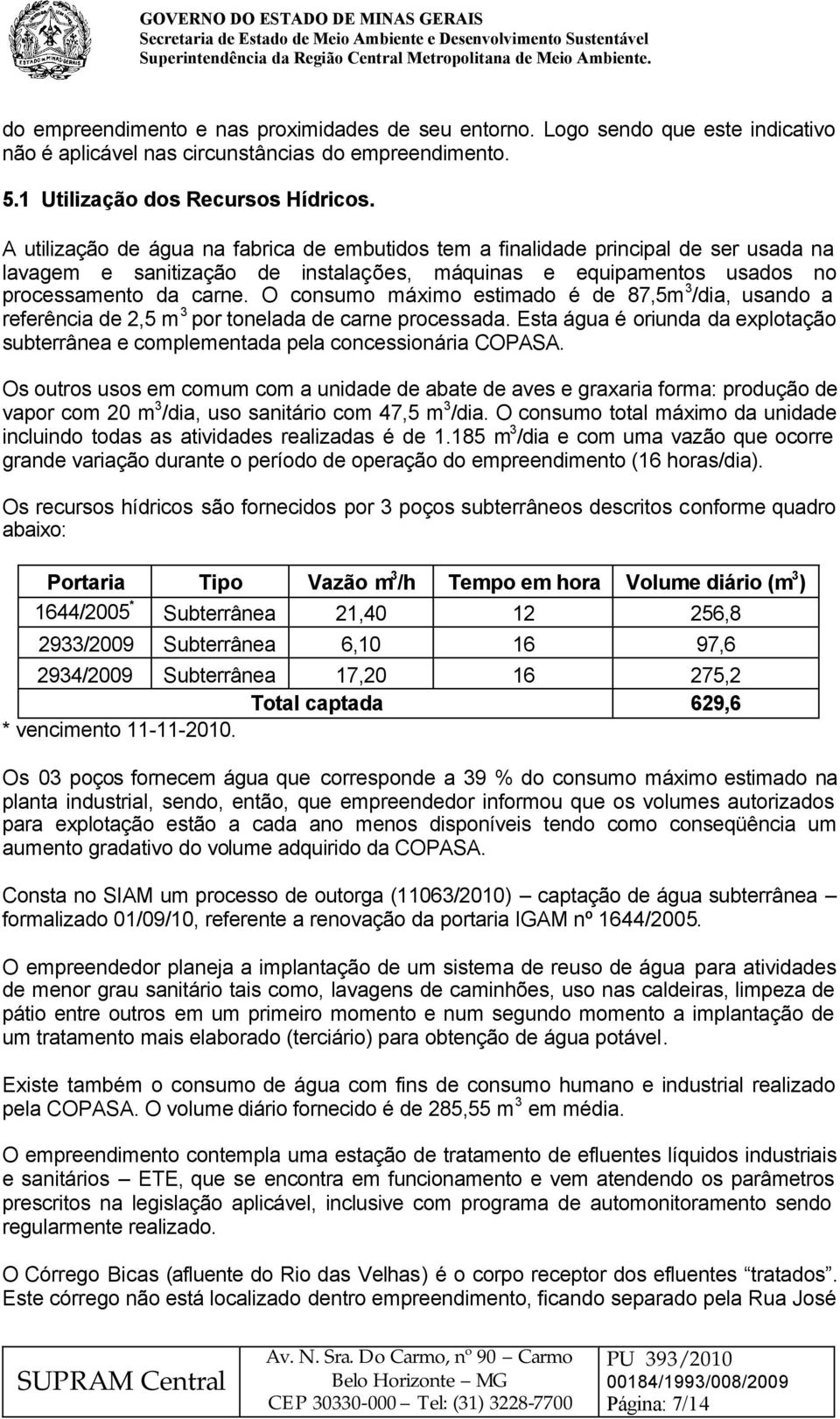 O consumo máximo estimado é de 87,5m 3 /dia, usando a referência de 2,5 m 3 por tonelada de carne processada. Esta água é oriunda da explotação subterrânea e complementada pela concessionária COPASA.