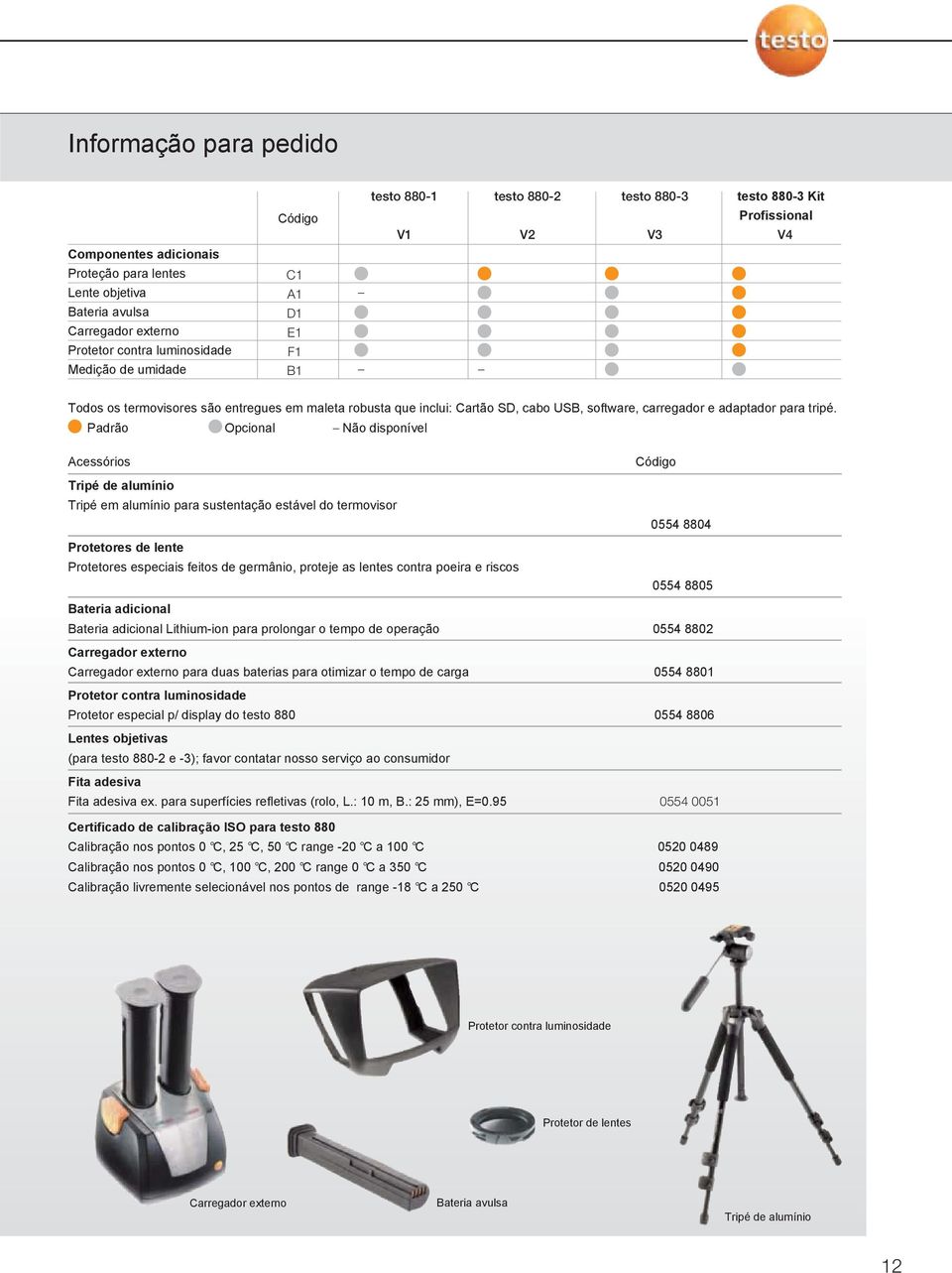 Padrão Opcional Não disponível Acessórios Tripé de alumínio Tripé em alumínio para sustentação estável do termovisor Código 0554 8804 Protetores de lente Protetores especiais feitos de germânio,