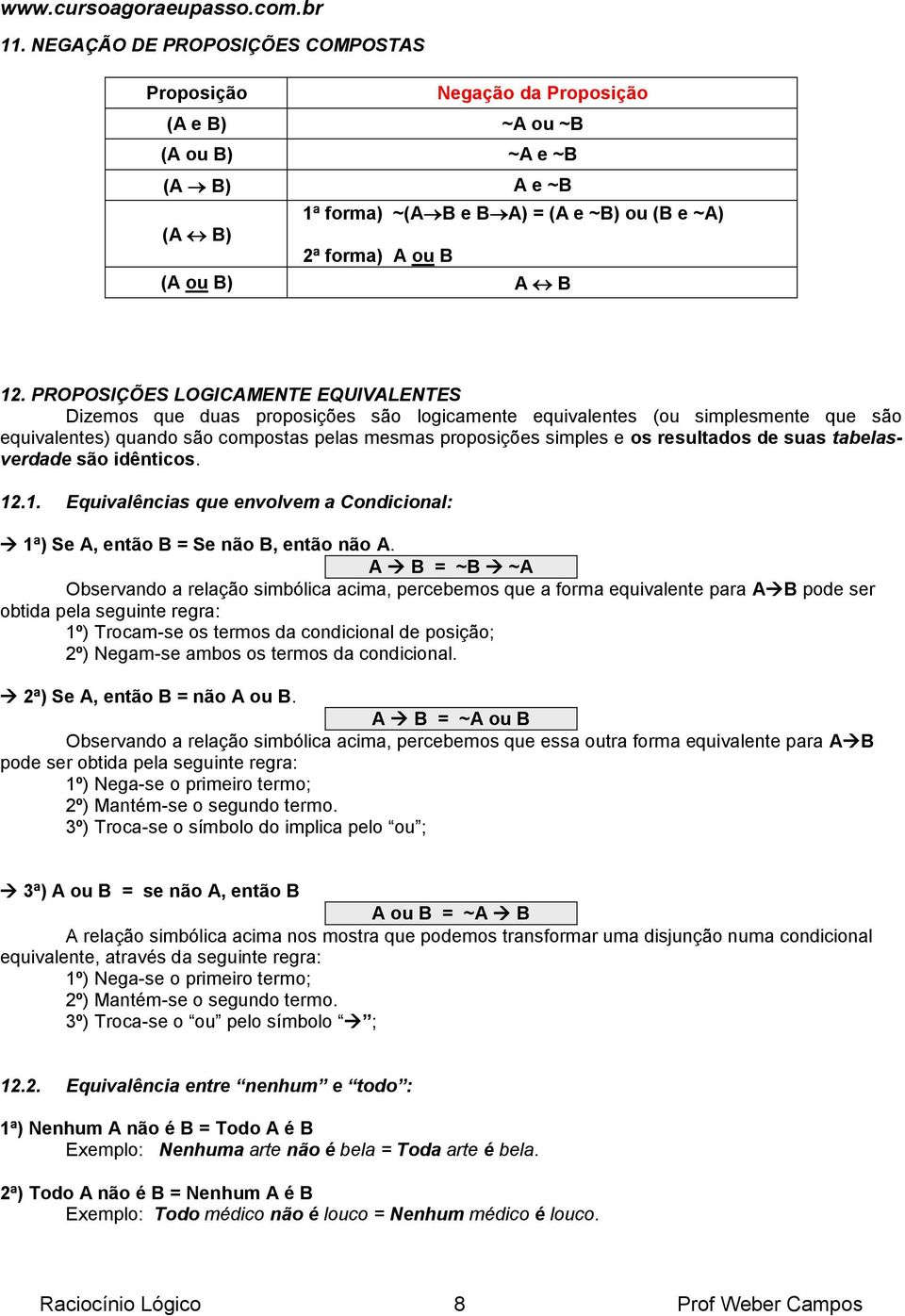 resultados de suas tabelasverdade são idênticos. 12.1. Equivalências que envolvem a Condicional: 1ª) Se A, então B = Se não B, então não A.