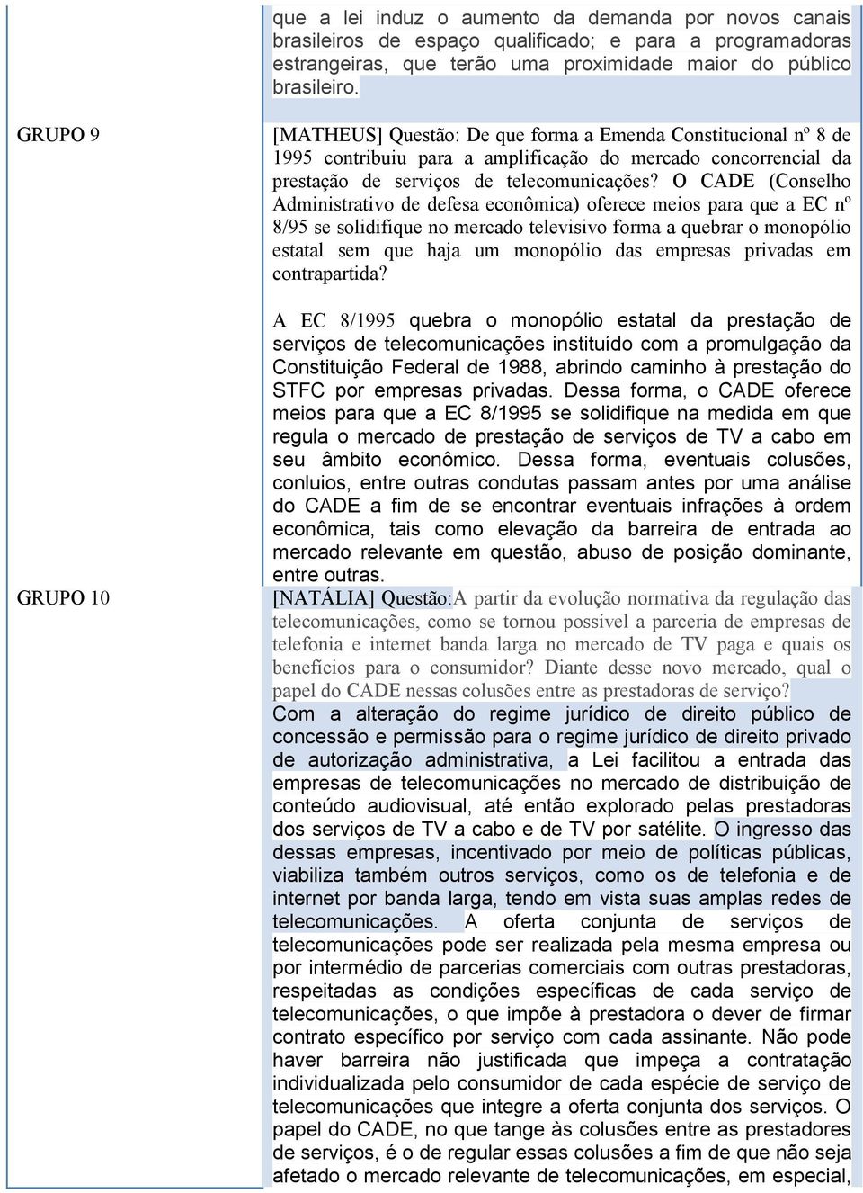 O CADE (Conselho Administrativo de defesa econômica) oferece meios para que a EC nº 8/95 se solidifique no mercado televisivo forma a quebrar o monopólio estatal sem que haja um monopólio das