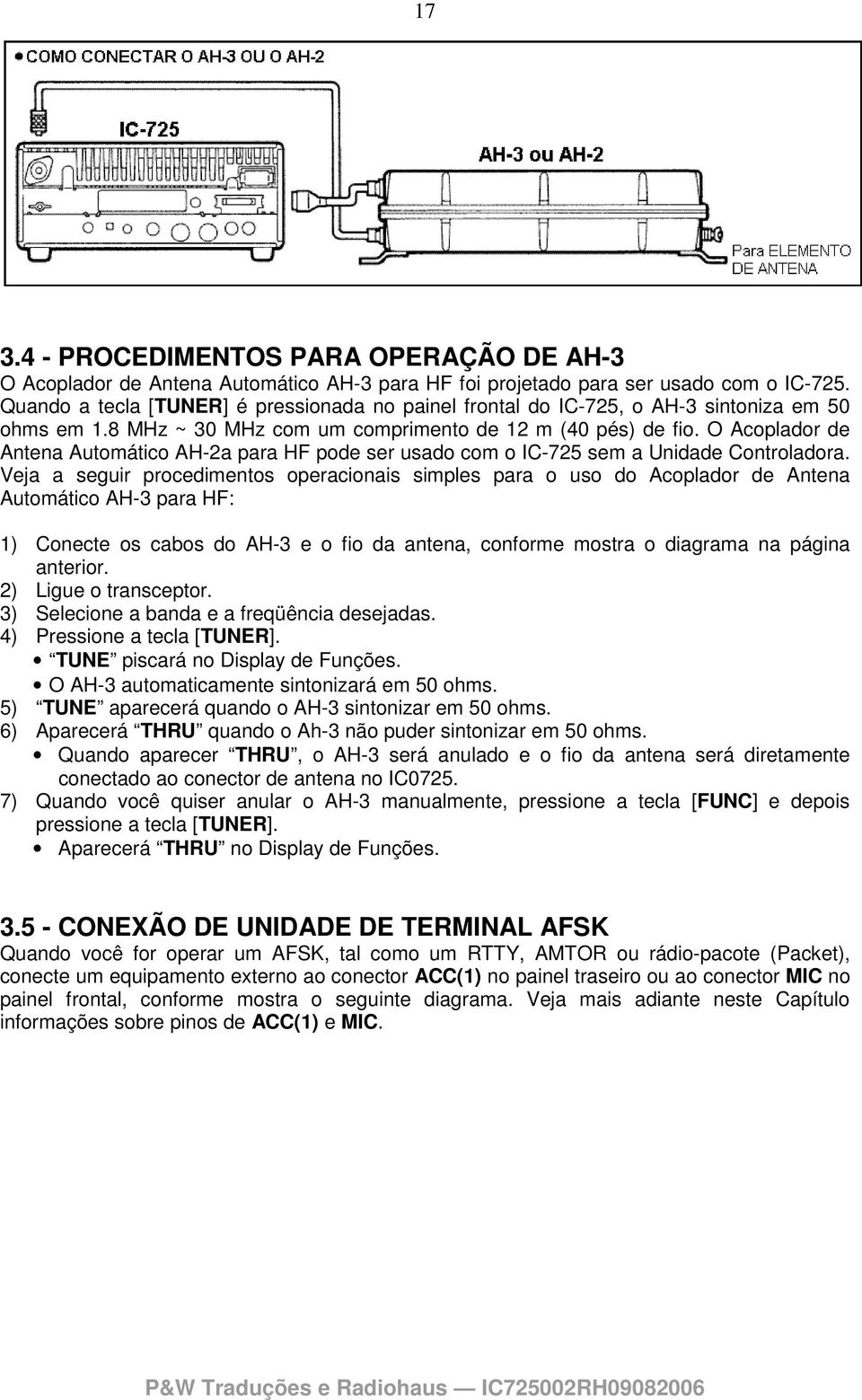 O Acoplador de Antena Automático AH-2a para HF pode ser usado com o IC-725 sem a Unidade Controladora.