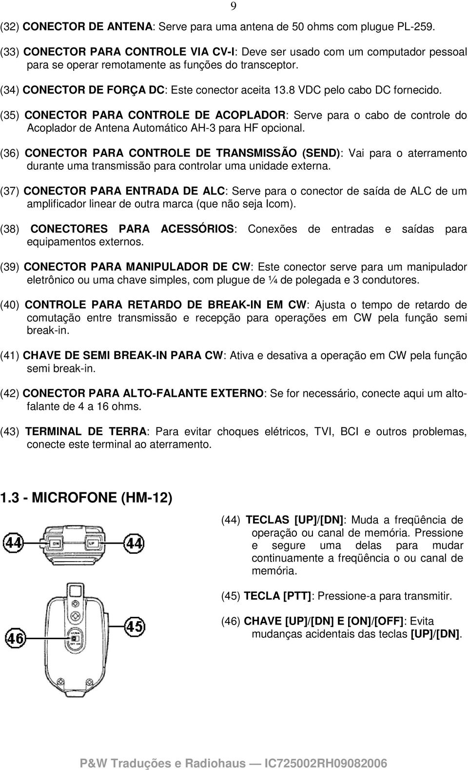 8 VDC pelo cabo DC fornecido. (35) CONECTOR PARA CONTROLE DE ACOPLADOR: Serve para o cabo de controle do Acoplador de Antena Automático AH-3 para HF opcional.