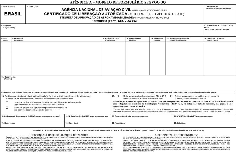 (AIRWORTHINESS APPROVAL TAG) Formulário (Form) SEGVOO 003 3. Certificado Nº (Certificate No./System Tracking Ref.) 4. Empresa (Organization) 5.